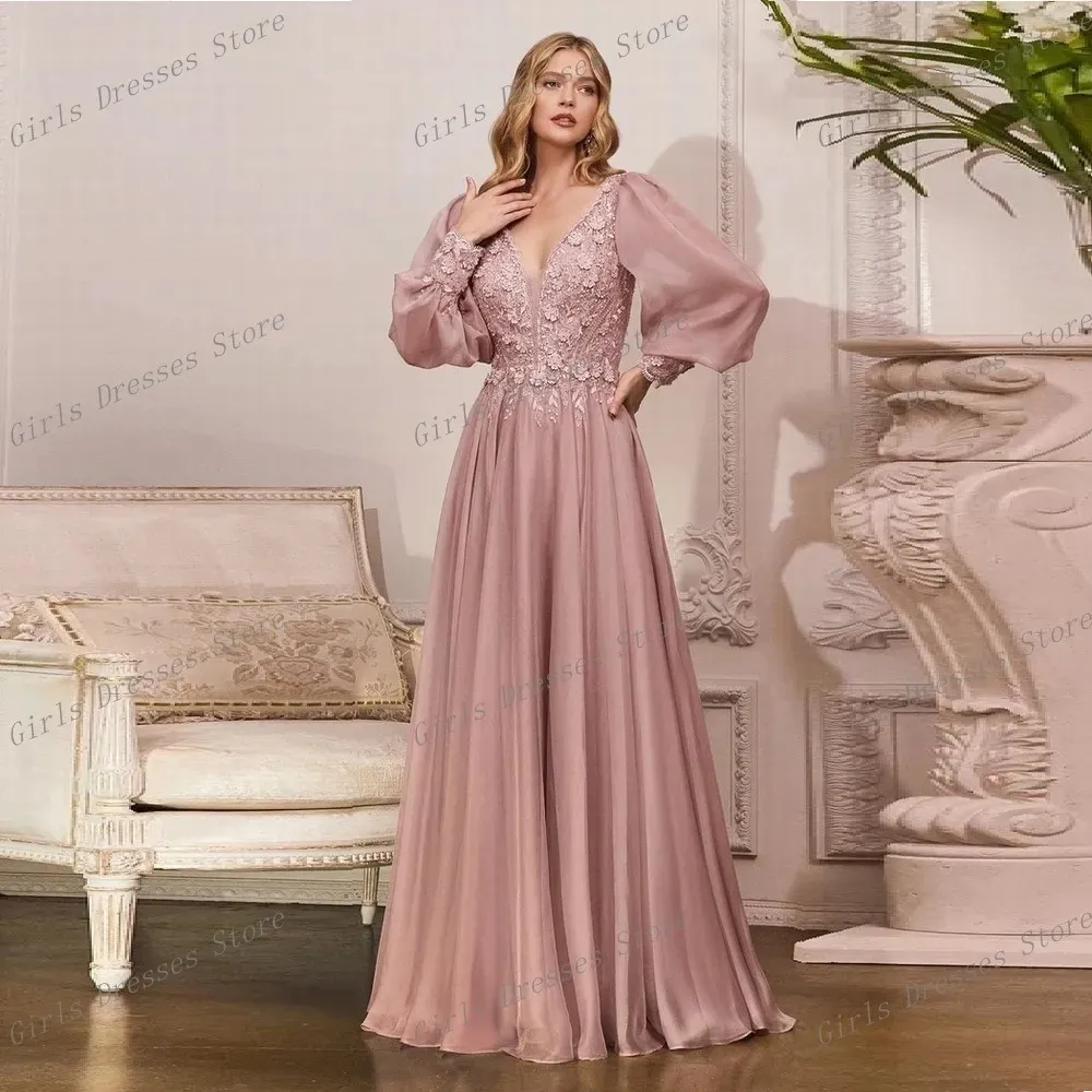 Belle robe de soirée en dentelle et tulle rose à manches longues pour occasions spéciales robe de bal d'anniversaire pour femmes