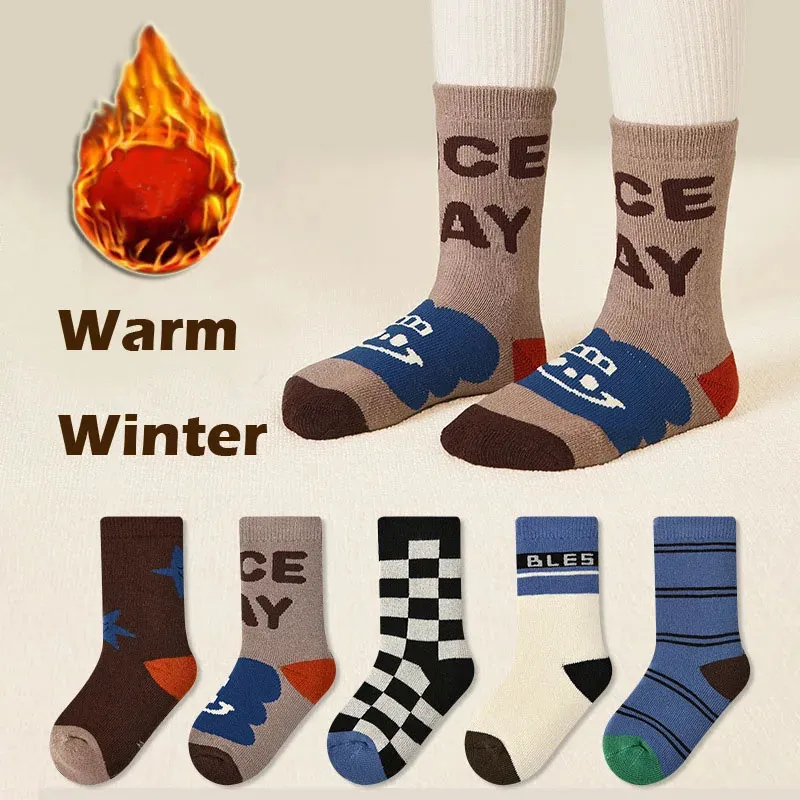 Kids Socks 5 Pairs Boys Socks Winter Thickened Cotton Socks Kids Warm Calf Socks Baby Toddler Socks Children Socks Blue Stars Pattern 231121