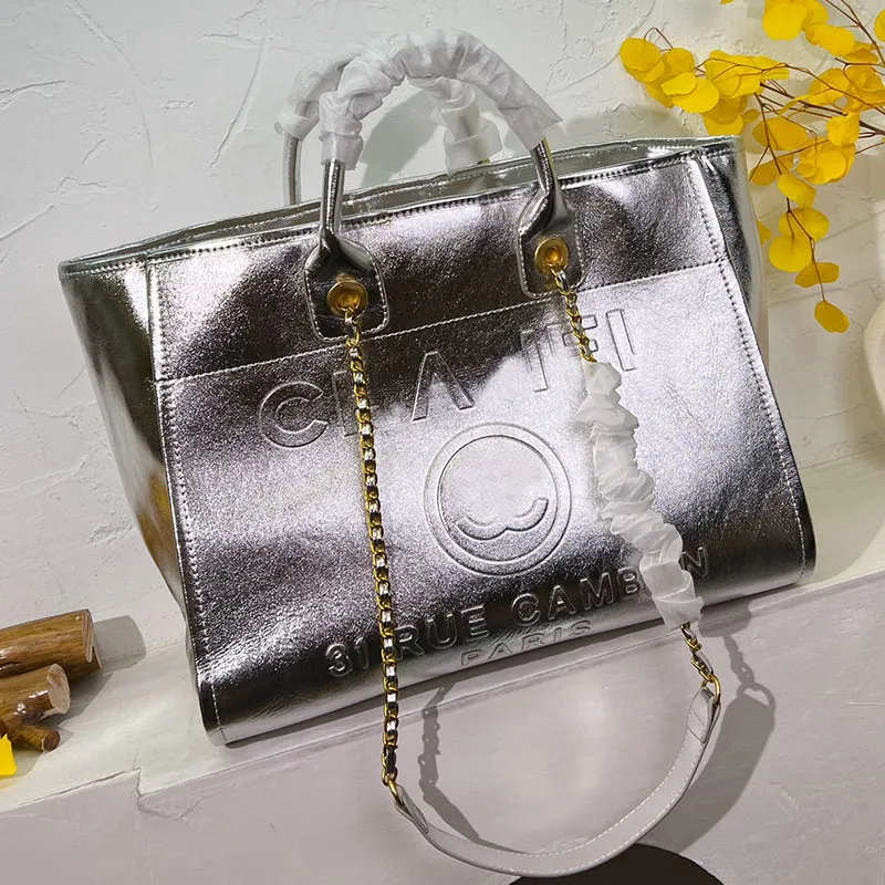 Luxury Designer Patent Leather Beach Shopping Bag with Top Handle and  Matelasse Chain, Women's Tote Shoulder Handbag, Outdoor Large Capacity  Purse, - Main Image