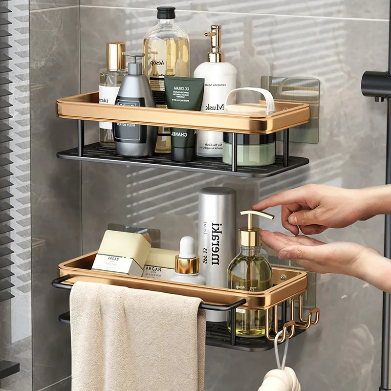 Bathroom Shelves Bathroom Shelves Without Drilling RustProof Aluminum Shower Wall Shelf Shampoo Towel Holder Bathroom Organizer Accessories Set 230421