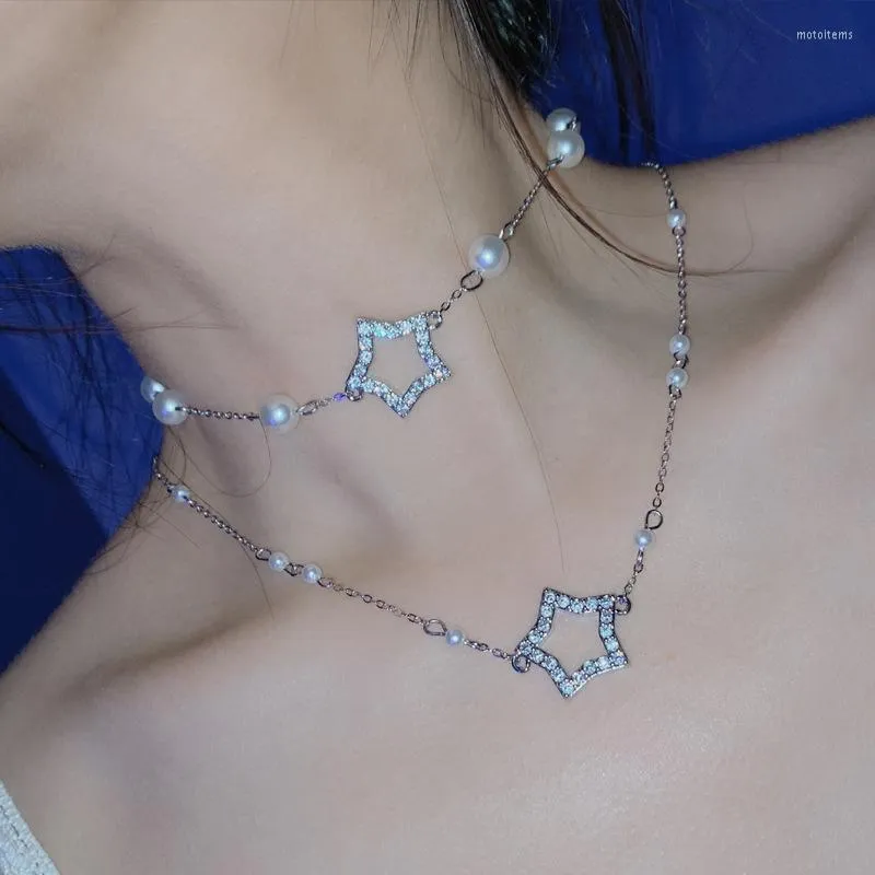 Цепи Shiny Afinestone Hollow Star Collece Elegant Harajuku Korean Fashion жемчуж