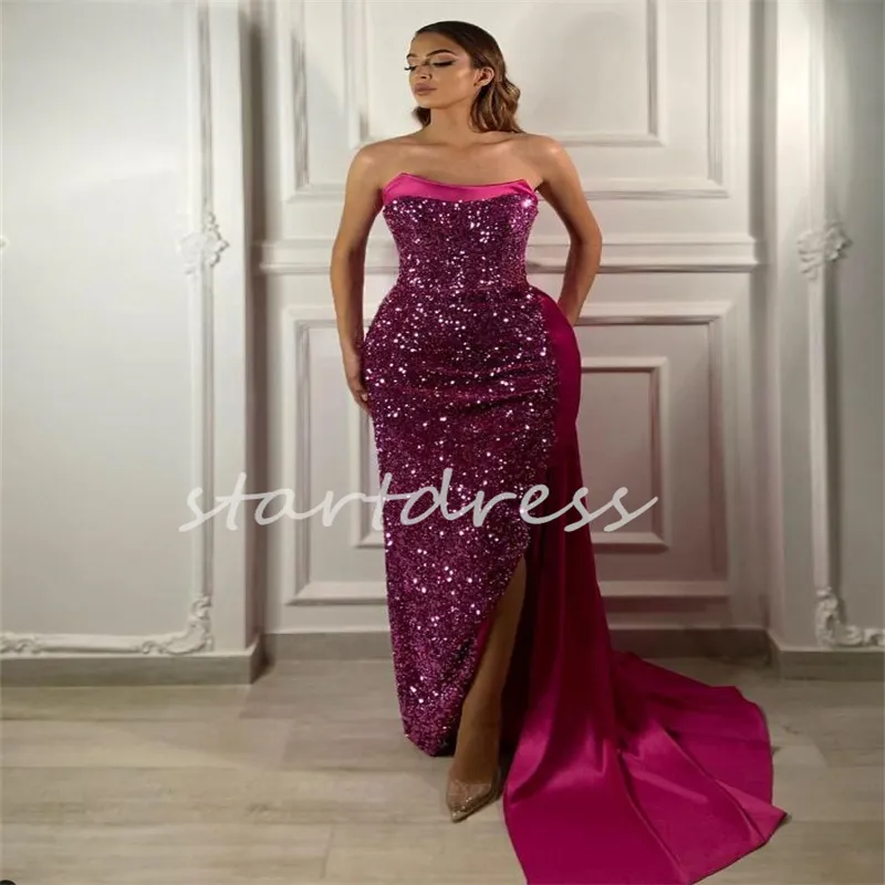 Sparkly Sequin Fuchsia Promdress 2024 Sexy Strapless Mermaid Prom Gowns Glitter Floor Length Evening Dress With Train Formal Dress For Women Special Occasion Wear