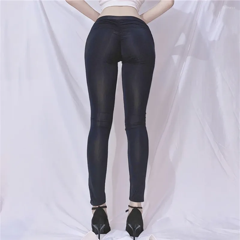 Womens See Silky Through Leggings High Elastic Sheer Ultra-Thin Skinny  Trousers