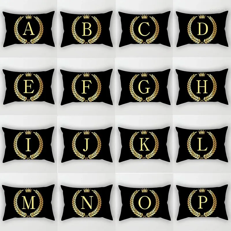 Kissenbezug 30x50cm Schwarz Gold Buchstabe Alphabet Kissenbezug Wohnzimmer Sofa Stuhl Heimtextilien Blätter Krone Polyester Kissenbezug