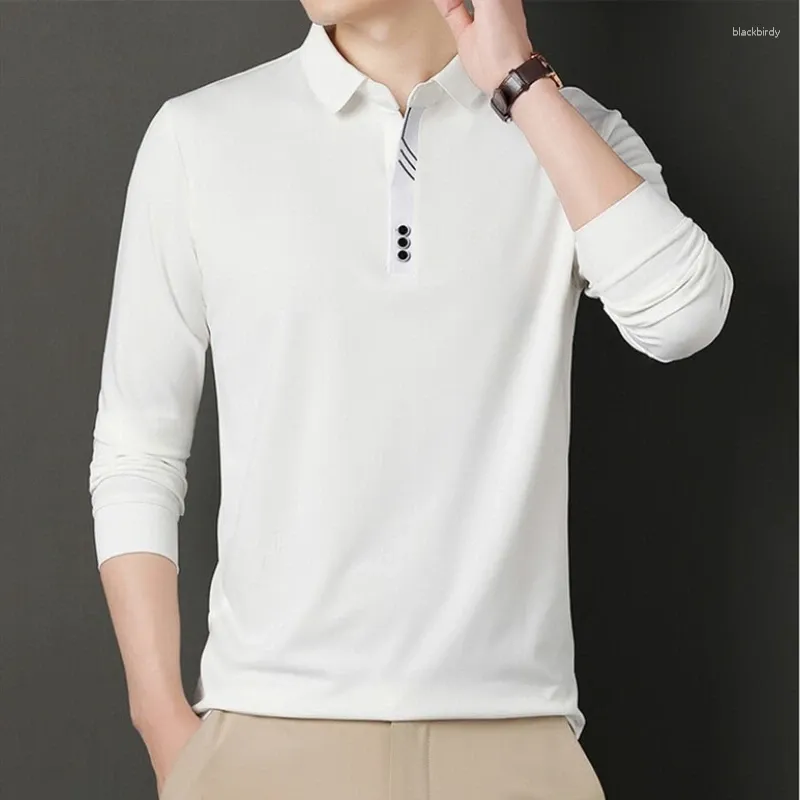 Polos pour hommes T-shirt à manches longues à revers haut de gamme de luxe léger pour le printemps et l'automne Tendance coréenne Casual Solid Color Business POLO Shirt