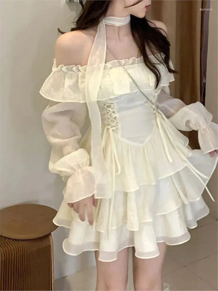 Casual Kleider Kleid Frauen Mode Schlanke A-linie Hohe Taille Feste Rüschen Mini Vintage Sommer Einfache Bogen Süße Koreanische Stil Urlaub vestido