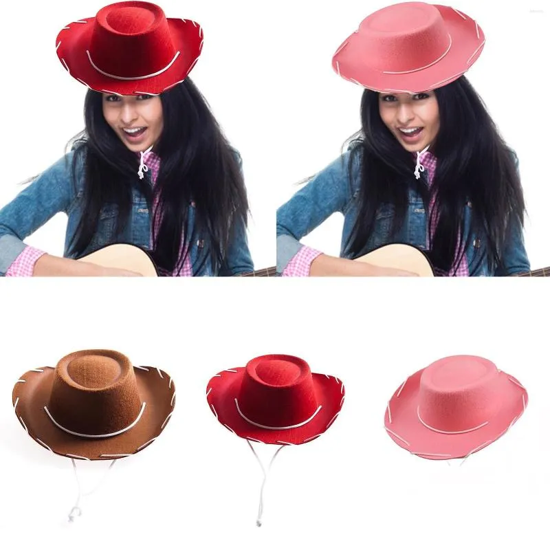 Chapeaux à large bord Cool Western Felt Brown Red Cowboy Hat Réglable pour Halloween Jeux de rôle Festivals Costumes de soirée à thème Femmes Jazz Hombre