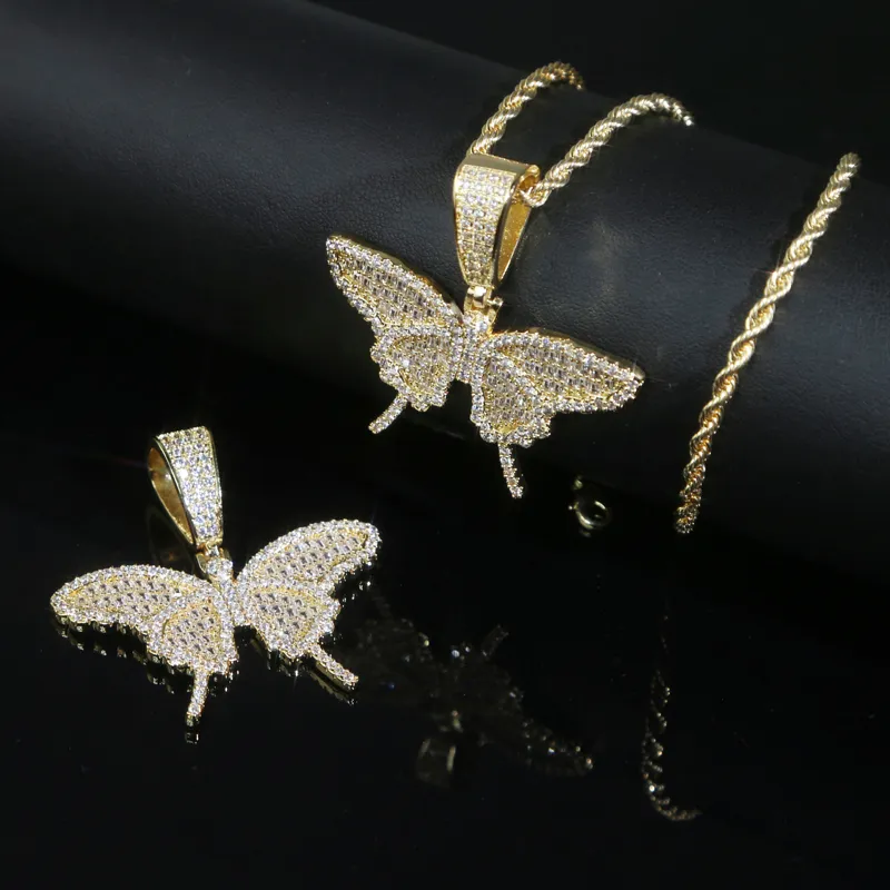 Drop Ship Bling Cz Paved Butterfly Pendant Necklace with Rope Chain High Quality Hip Hop Punk Jewelry for Women Men Gift