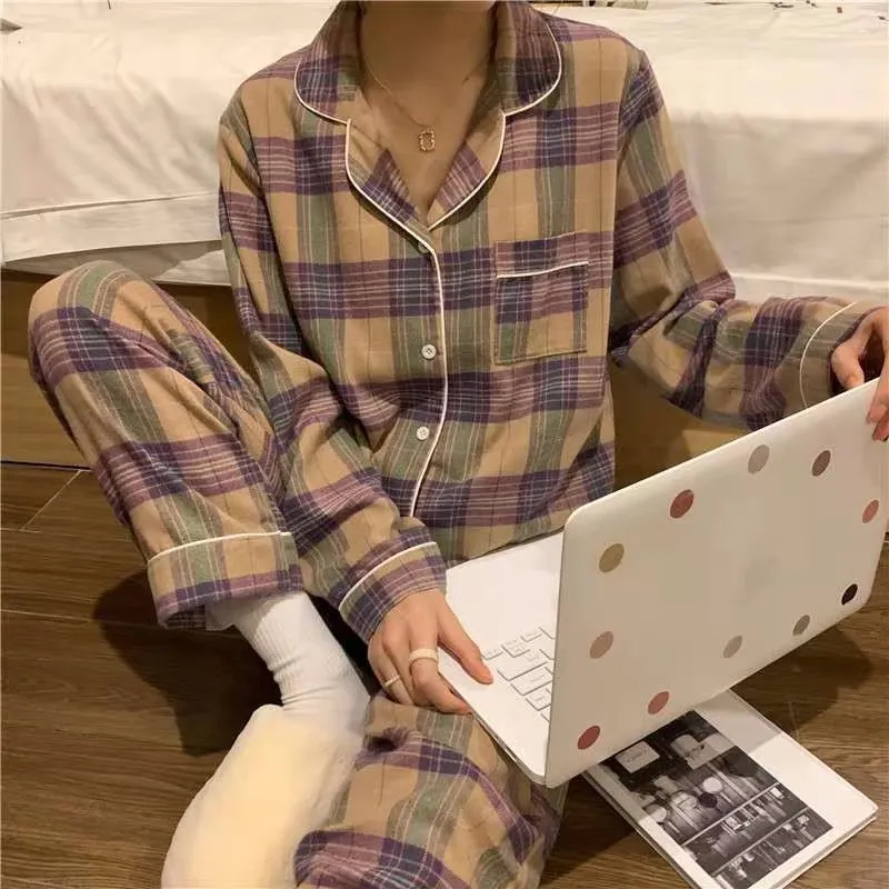 Kvinnors sömnkläder Kvinnor Plaid Pyjamas Set Turn-Down Collar Sleepwear Full Sleeve Topslong Pants 2 Pieces Passar Homewear Pyjamas Nightwear 230421