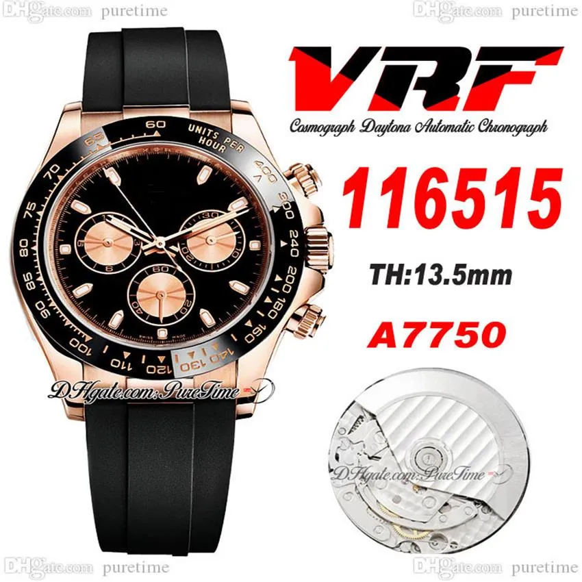VRF 11651 A7750 Automatic Chronograph Mens Watch 18K Rose Gold 904L Steel Black Stcik Dial Oysterflex Strap Rubber Super Edition S298e