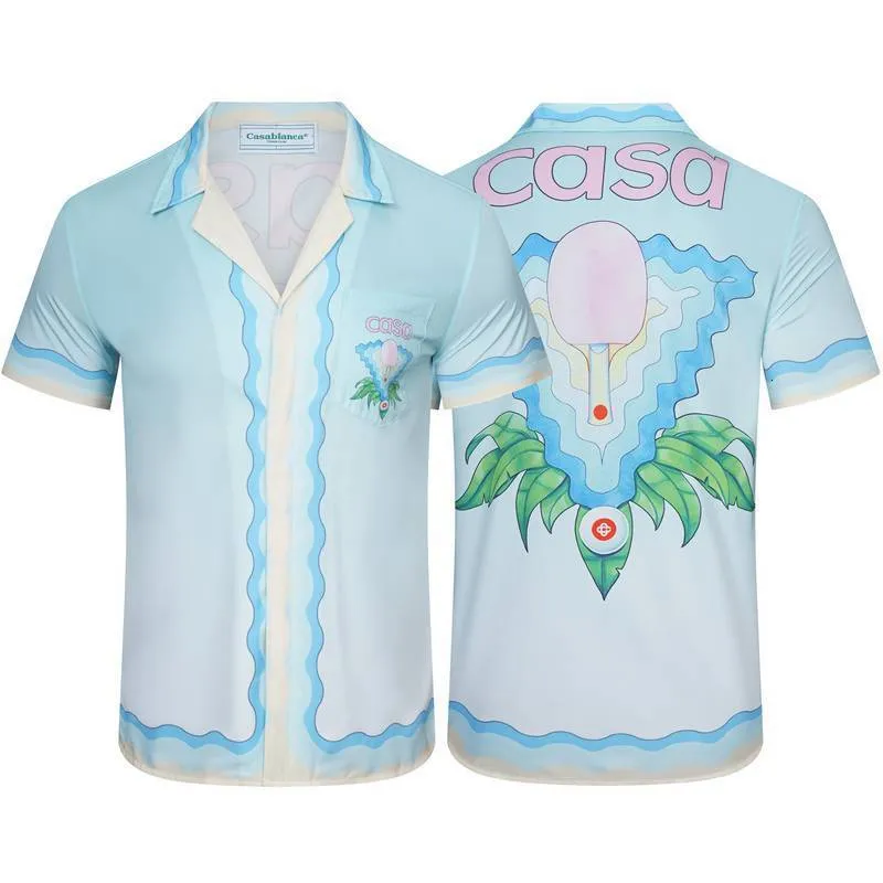 Men's Casual Shirts Casablanca Set Summer Fashion Lapel Short-sleeved Shirt Chest Pocket Back Racket Printing Men Women pants 230421