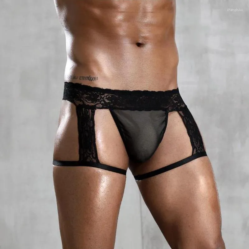 Onderbroek heren kant homo sexy erotische heupen naakte lingerie boxer zwart ondergoed