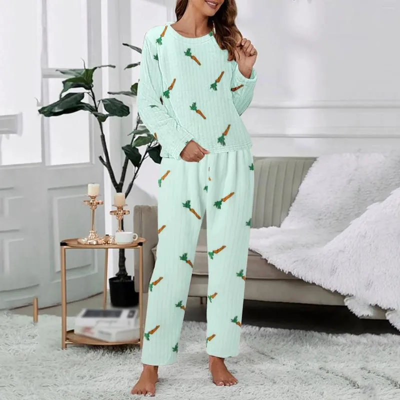 Women's Sleepwear Women Casual Pajamas Sets Coral Fleece Long Sleeve Tops And Pants Radish Printing Two Piece Set Short