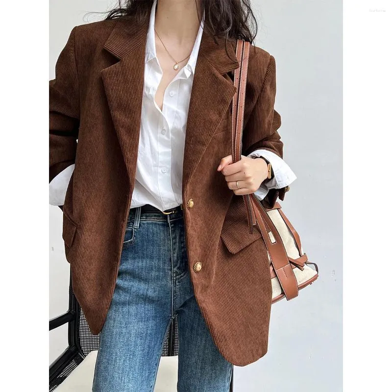 Damespakken Dames Corduroy Blazer met Metalen Gesp Bruin Beige Ribben Gestreepte Jas Voor Business Casual