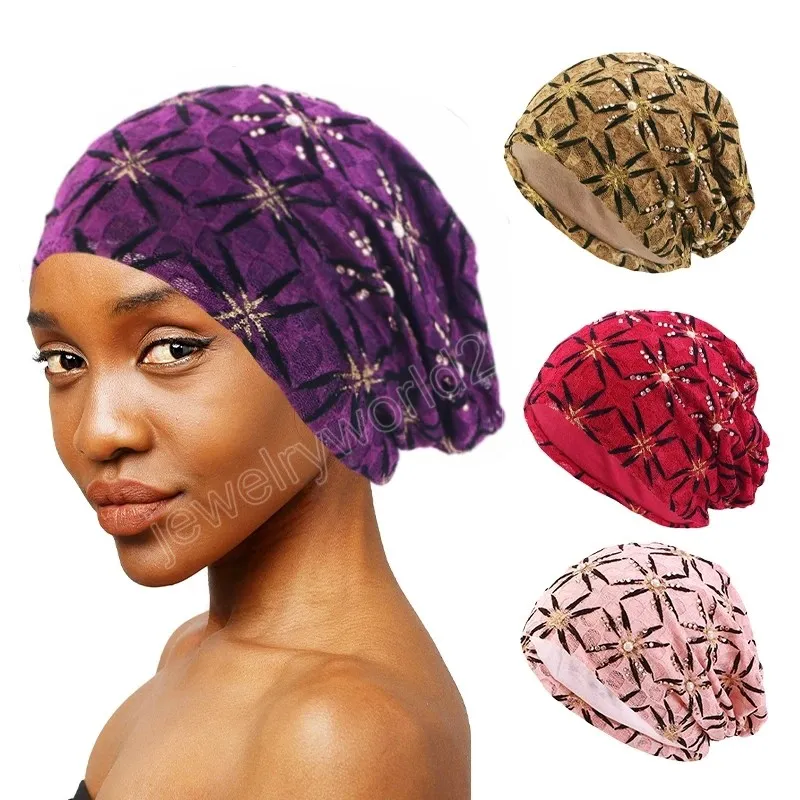 Modepärlor spets turban slouchy beanie skalle cap lila muslimska hijabs kvinnor mjuk motorhuven huvud wrap vår hösthatt