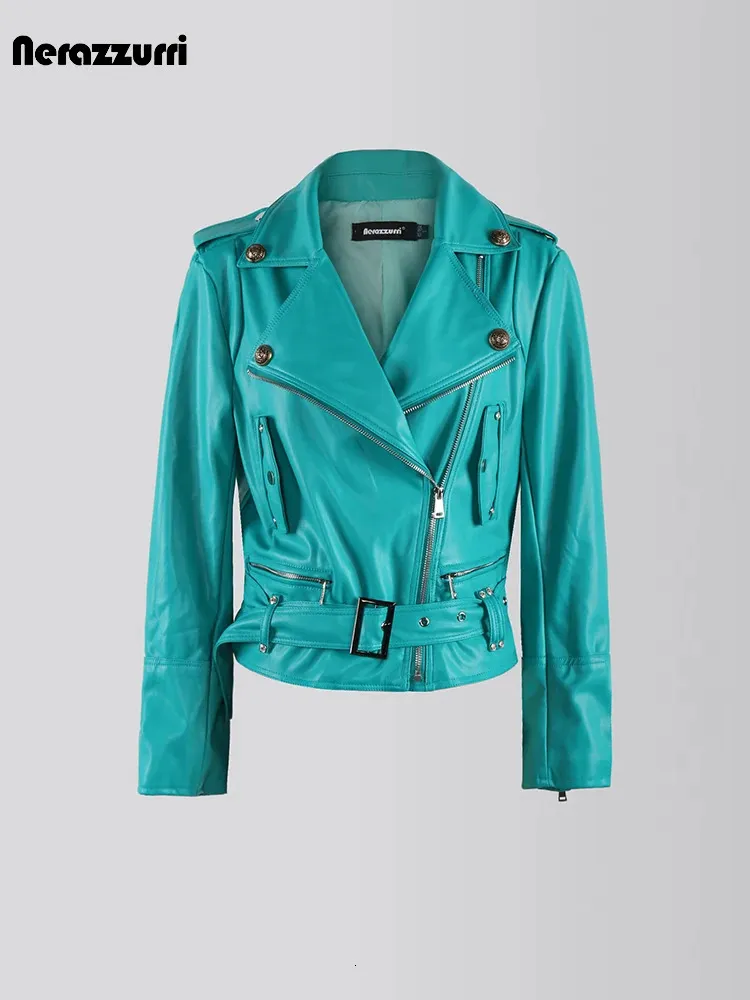 Kvinnors läderfaux Nerazzurri Spring Autumn Short Overized Cool Chic Soft Green Pu Moto Biker Jacket Women Dragkedjan Bältet Runway Fashion 231120