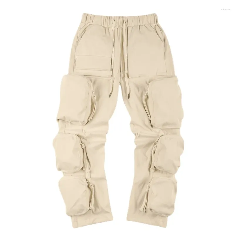 Calças masculinas bolsos carga streetwear zíper macacão hip-hop tendência calças soltas