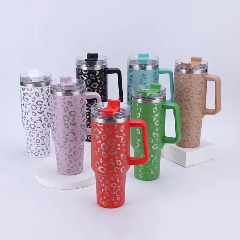 40oz leopard tumbler with Handle and Straw Reusable Insulated coffee cup Stainless Steel travel Tumbler big capacity Water Bottle Cup