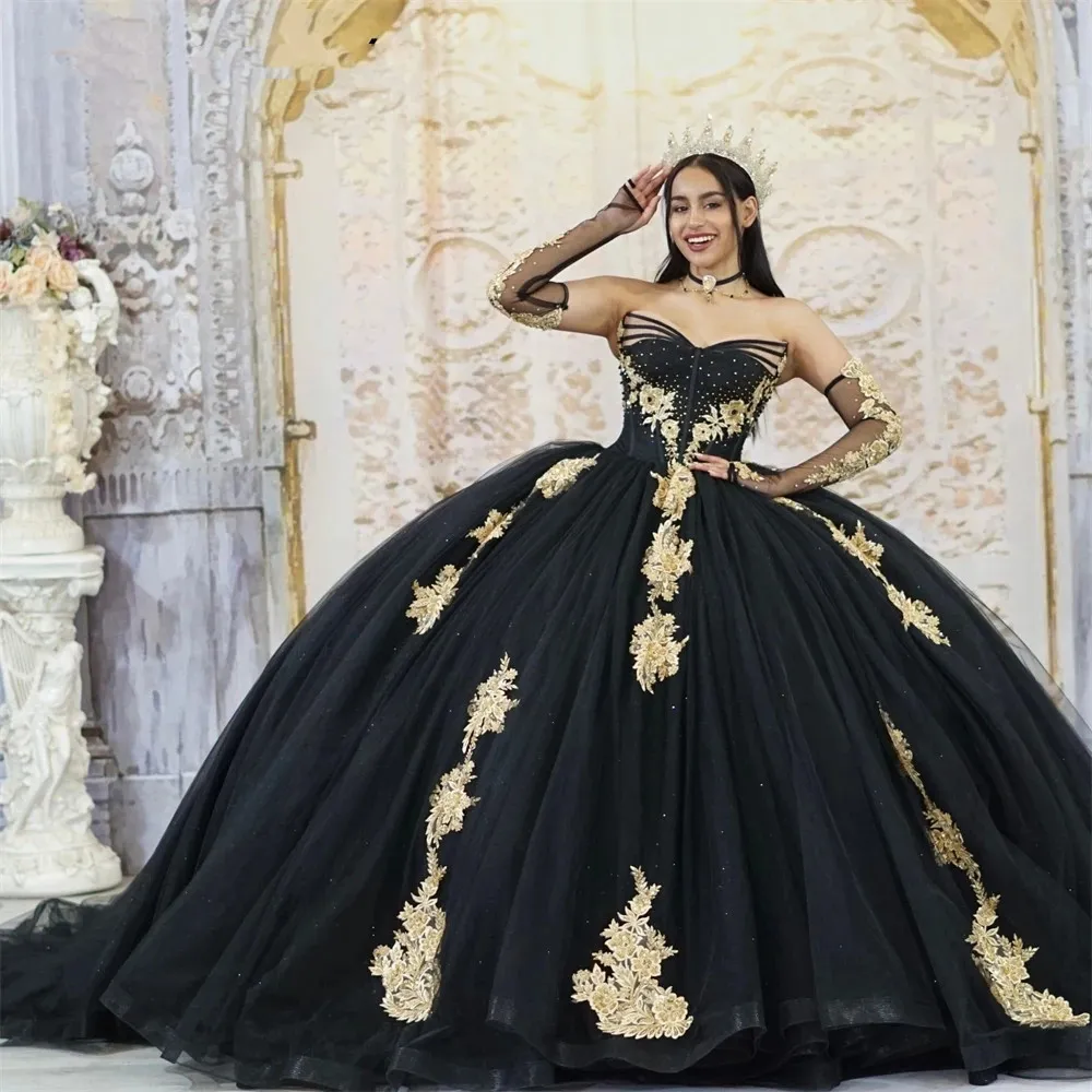 Spitzen Applikationen Schwarz Gold Tüll Quinceanera Kleider Ballkleid drei Viertel Ärmel Süße Prom Party Kleider Vestidos Quince s