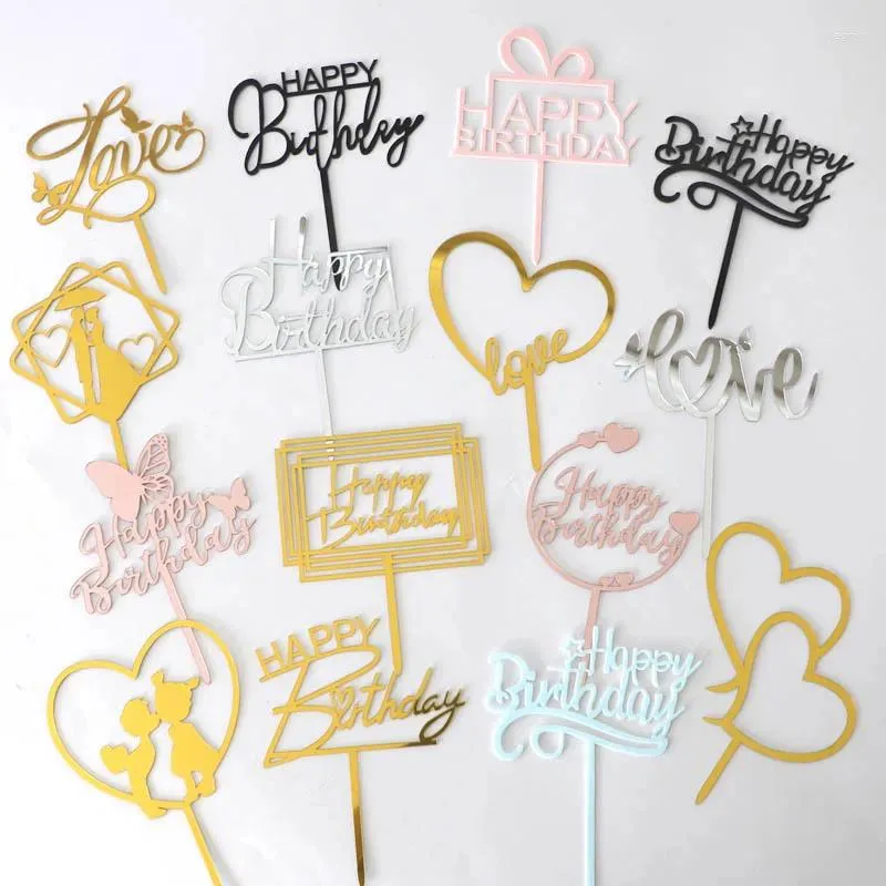 Feestartikelen 10 stks/partij Goud Champagne Acryl Gelukkige Verjaardag Cake Toppers Voor Decoraties Liefde Teken Verjaardag Decor