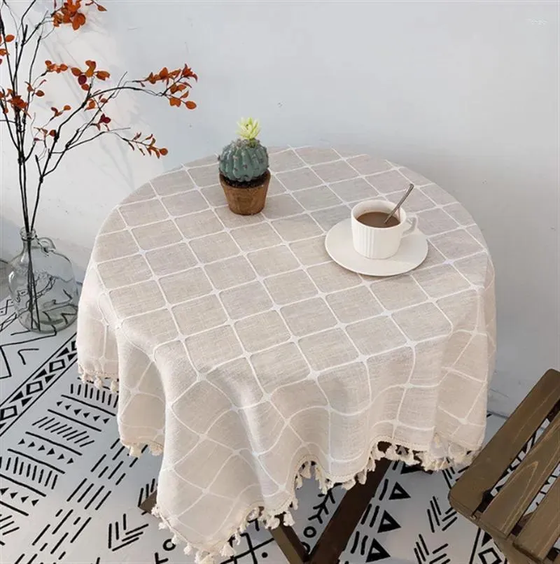 Table Cloth Checkered Round Tablecloth Cotton Linen Tassels Dust-Proof Cover For Dinner Party Wedding Decor