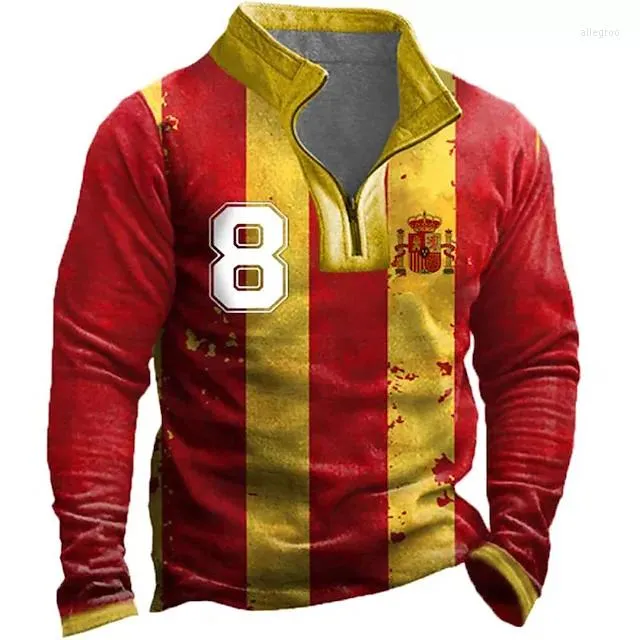 Herrpolos spanien flagga tröja mäns avslappnad halv blixtlås stativ krage jacka mode långärmad polo skjorta 3d hoodie