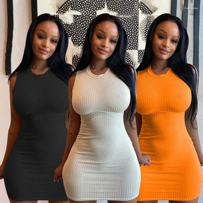 Casual Dresses Streetwear Sticked Rib Solid Summer Dress for Women Sexig O Neck Sleeveless BodyCon Mini Club Party Robe Lounge