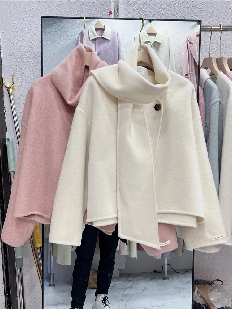 Women's Wool Blends Korean Small Double sided Cashmere Coat Women's Short Slouchy Style Scarf Collar Slim Woolen Coat High Grade 231121