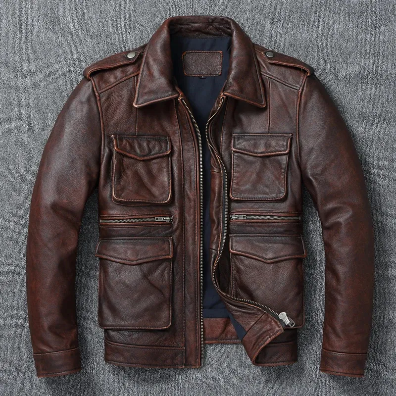 Mens Leather Faux Äkta retro gammaldags motorcykeljacka Pure huvudlager Kohide Slimfit Lapel Coat Casual Trend 231120