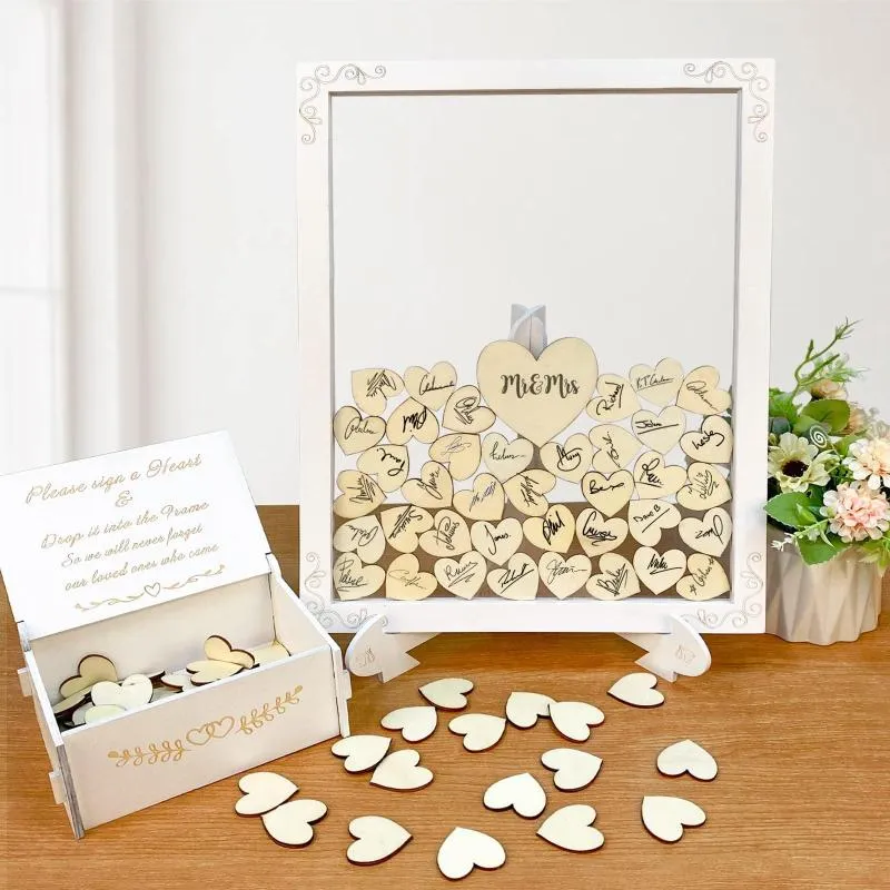Decorazione per feste Ourwarm Libro degli ospiti per matrimonio per segno Scatola di legno bianca con 71 regalo di anniversario di cuore in legno