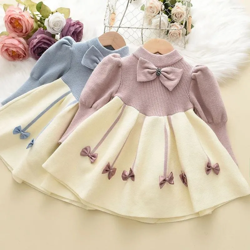 Flicka klänningar baby stickad båge klänning kläder kläder för barn barn hösten casual prinsessan koreansk härlig söt söt lapptäcke