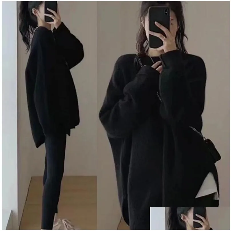 Womens Sweaters Idle Style Loose Round Neck Solid Color Sweater For Women 2023 Autumn And Winter New Korean Casual Side Slit Knitted P Dhqu1