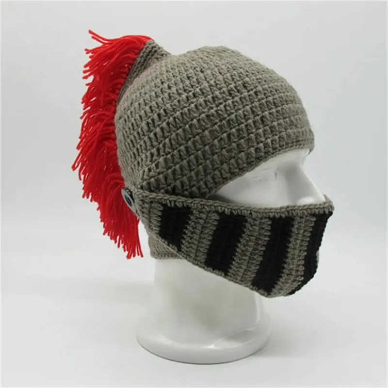 Warm Winter Handmade Funny Hats Original Red Tassel Roman Knight Helmet Mask Beanies Cosplay Caps Men