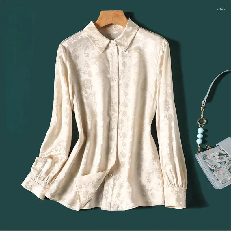 Women's Blouses Satin Shirts Flower Vintage Polo-neck Silk Ladies Clothing Spring/Summer Loose Long Sleeves Tops YCMYUNYAN