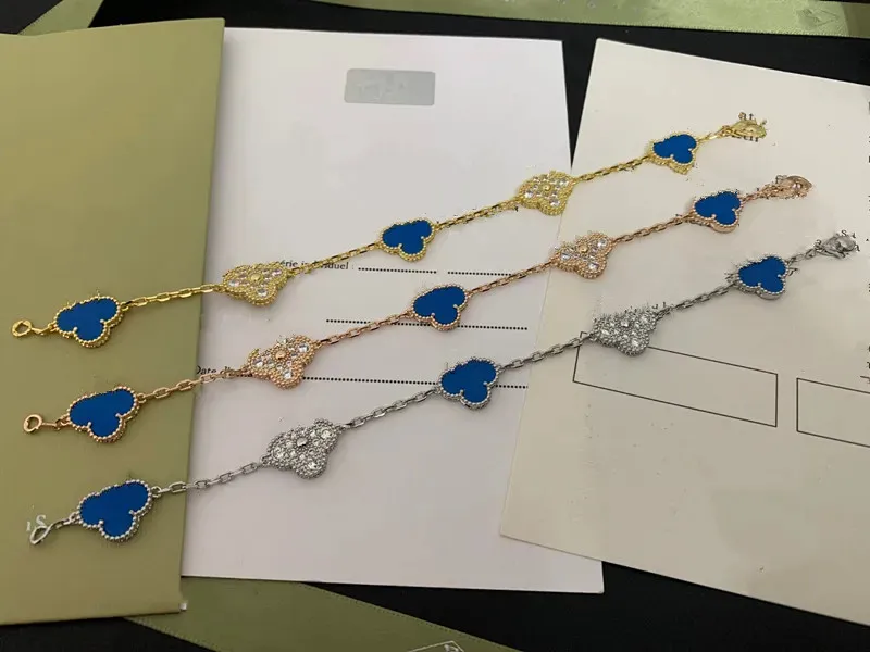 Trèfle à quatre feuilles Vanclef Designer Classique Lucky Clover Blue Diamond Bracelet Plaqué Or Dames et Filles Bracelets Bijoux de Fiançailles Fade Free avec logo