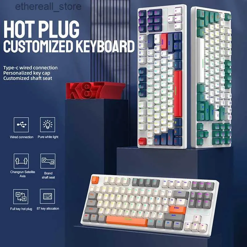 Tangentbord K87 WIRED MEKANISK Tangentbord 87 Key Hot Swappable Switch RGB/White Backlight Gamer Keyboard KeyCaps Rysk/Engelska layout Q231121