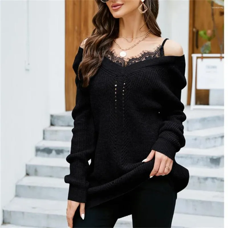 Pulls pour femmes Chic Pull noir Pull à l'épaule Pull en dentelle Creux à manches longues Tendance tricotée Femmes Jumper Tenues Vêtements