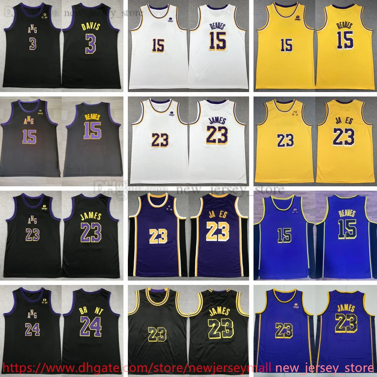 2023-24 Nouvelle saison Basketball 15 Austin Reaves Jersey cousu 23 LeBron 24 Kobe James Bryant 3 Anthony Davis Black City Jaune Blanc Violet Maillots