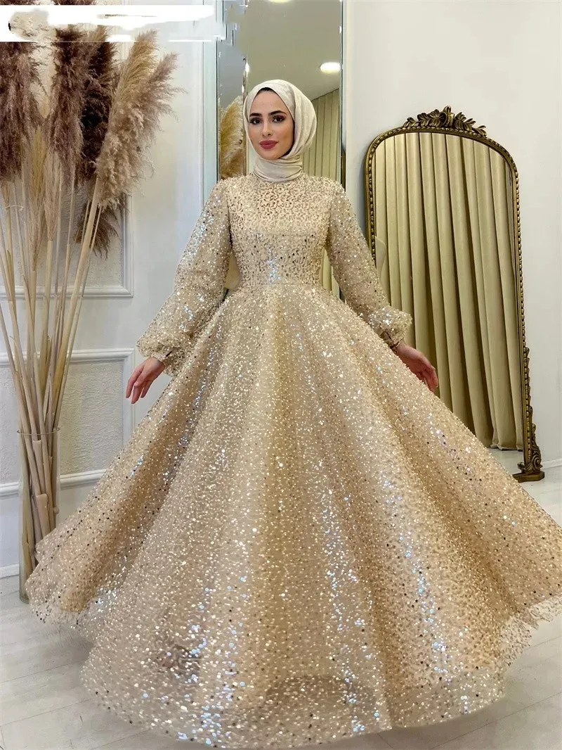 Arabic Dubai Champagne Sequin High Neck muslim evening gowns with Puffy Sleeves - Perfect for Prom, Formal Parties, and Special Occasions Arabic Dubai Champagne Sequin High Neck muslim evening gowns with Puffy Sleeves - Perfect for Prom, Formal Parties, and Special Occasions