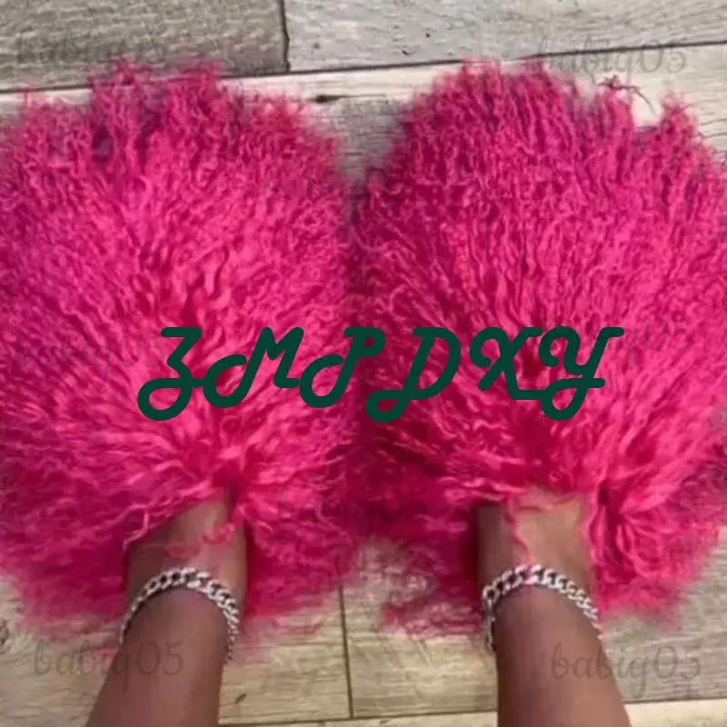 Slippers New Fluffy Long Hair Slippers Pink Sheep Fur Slippers Winter Women Plush Flat Shoes Outdoor Indoor Slippers Mongolian Fur Slides T231121