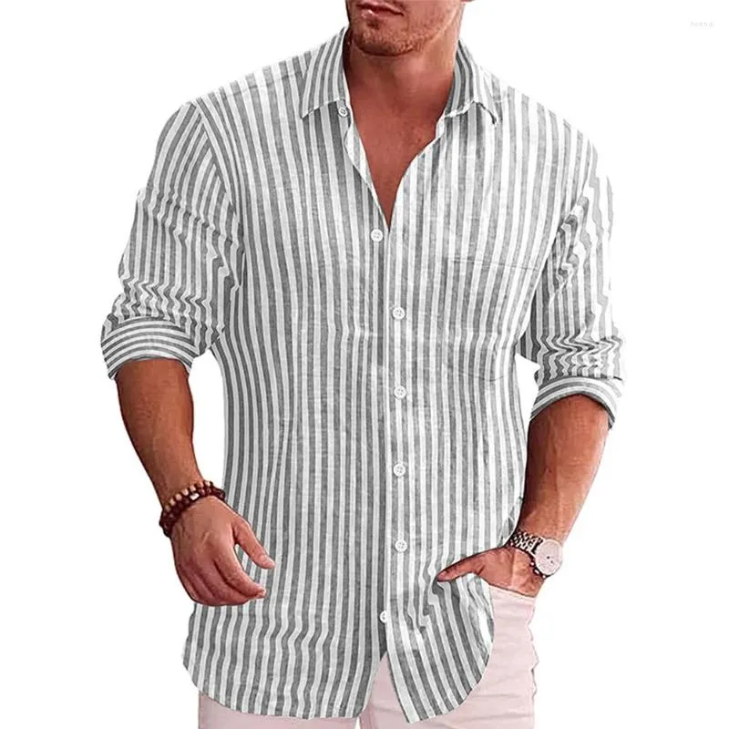 Chemises décontractées pour hommes Mode Hommes Chemise et chemisiers Coton rayé à manches longues Collier de bande de lin Simple Boutonnage Tops Vêtements pour