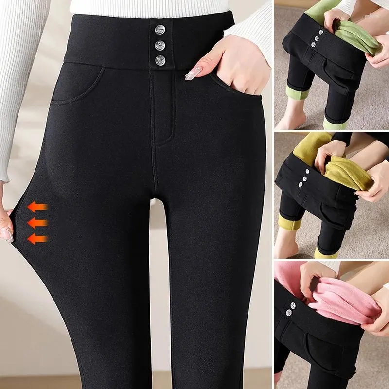 Calças femininas cintura alta engrossar lã de pelúcia forrado lápis jeans calças de pele grossa elástico magro quente inverno magro pantalones leggings