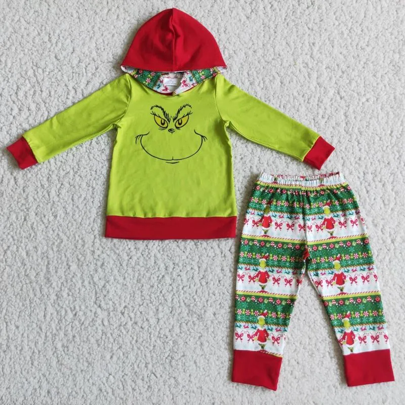 Clothing Sets Christmas Ribbon Print Baby Boy's Hooded Outfit Green Face T-shirt Jogger Pants Boutique Children's 2-piece Set