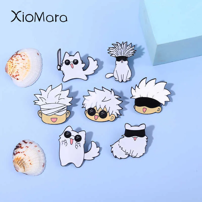 Pinos broches gojo satoru gatos pinos de esmalte kawaii papel máscara ocular de mangá broachos de mangás de jujutsu kaisen acessórios de anime para mochila z0421