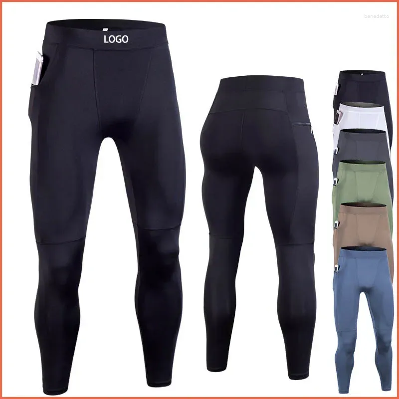 Calças masculinas com bolsos de compressão personalizados, alta estiramento, secagem rápida, esportes ao ar livre, legging skinny, faixa de suor