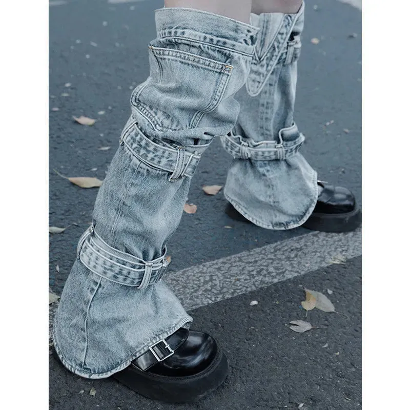 Y2K Denim Knee High Socks with Buckles - 80s Punk Leg
