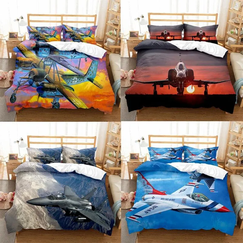 Beddengoed stelt Fighter Duvet Cover Aircraft Print Coverter Military Airplane Set 2/3PCS Quilt