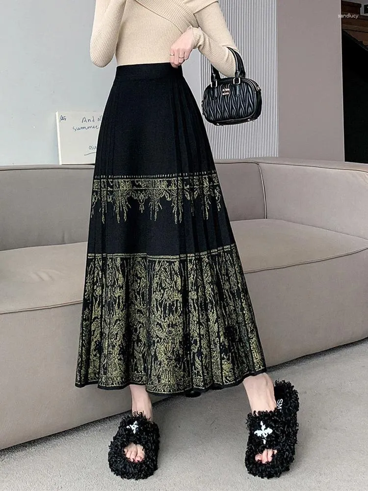 Jupes Tigena Vintage tricoté jupe longue pour femmes 2023 automne hiver épais chaud élégant une ligne taille haute plissée Maxi femme