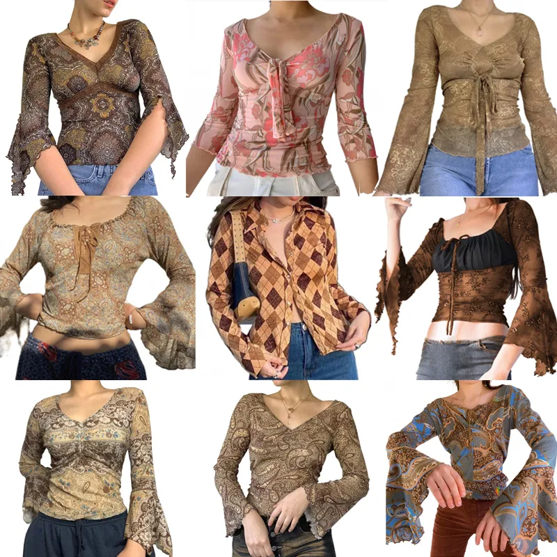 Kvinnors T-shirt 90-talets vintage Fairy Grunge Crop Top Flare Sleeve Autumn Spring Female T-shirt Y2K Graphic Print Kawaii Tee Shirt Women Streetwear 230421