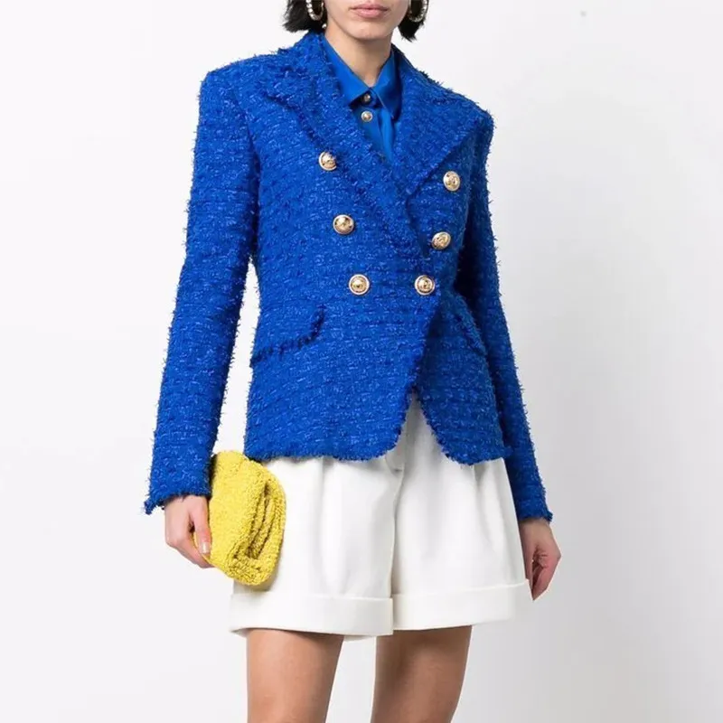 Women's Fringe Classic Slim Royal Blue Fitting Double Breasted Lion Buttons Fringed Tweed BlazerMix Knit Jacket BA011